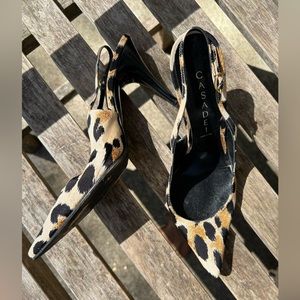 Casadei leopard print sling back point toe kitten heel